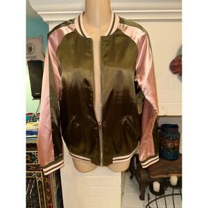 VINTAGE PINK & OLIVE GREEN SATIN VARSITY BOMBER BASEBALL JACKET